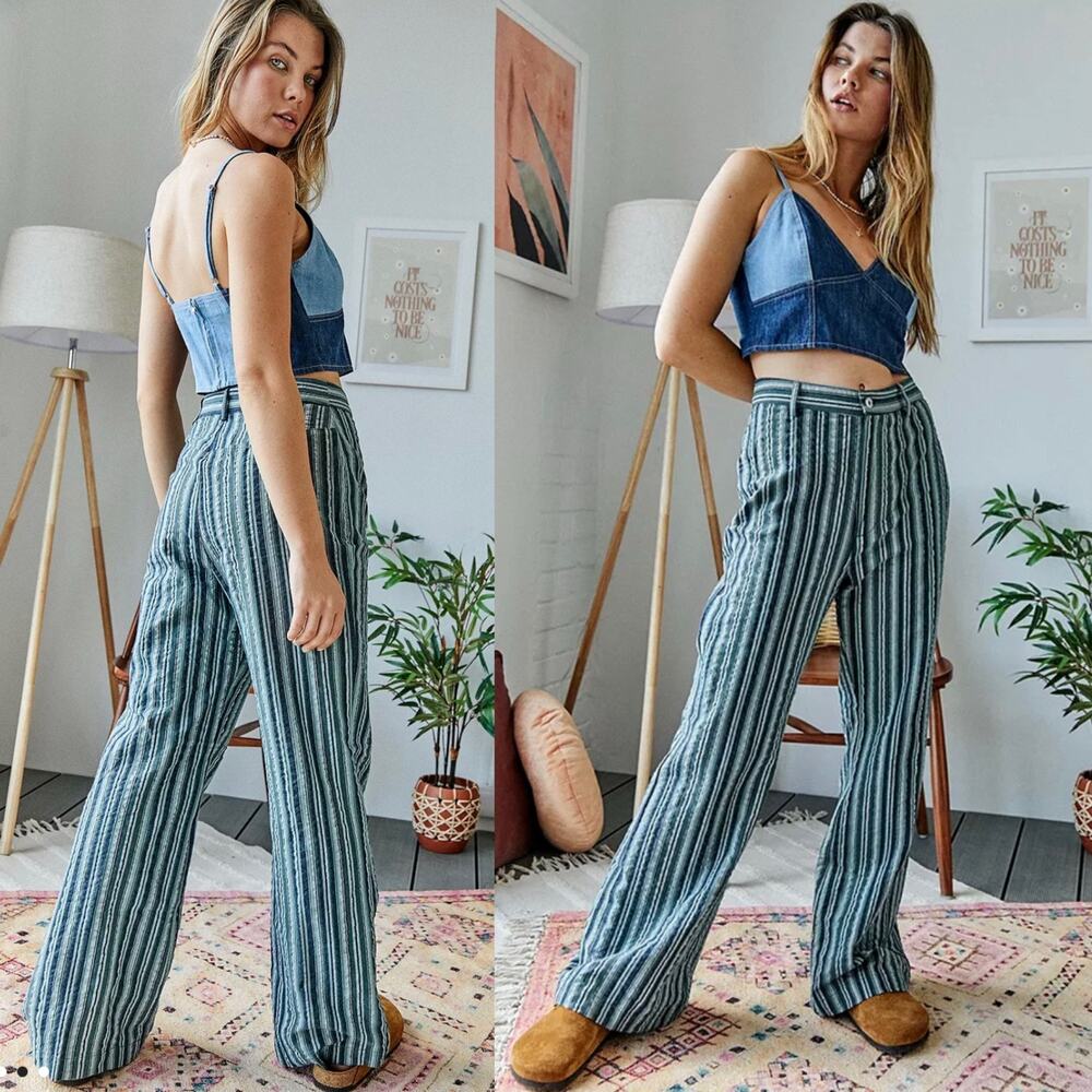 🔥Urban Outfitters Amelia Striped High Waist Flare Retro Hippie Boho Trousers 4